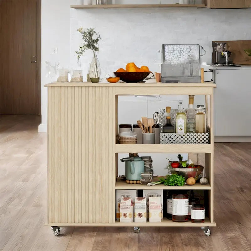 Chariot de cuisine roulant en bois naturel avec tiroir et casier à vin