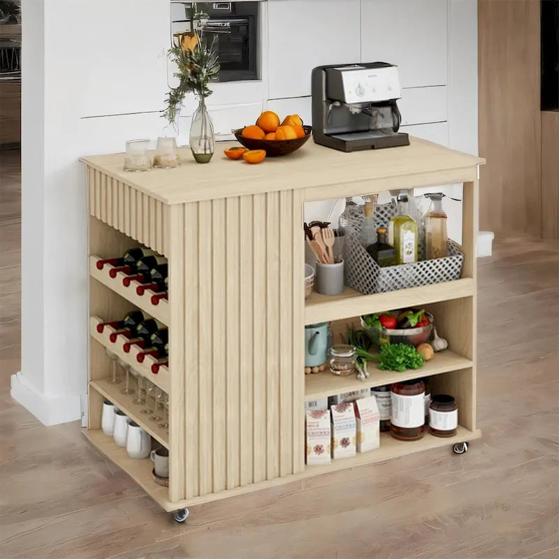 Chariot de cuisine roulant en bois naturel avec tiroir et casier à vin