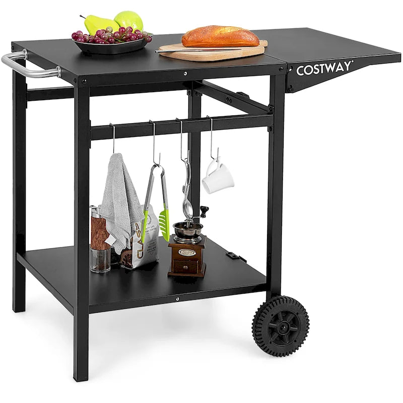 Chariot de cuisine mobile en acier noir avec table d'appoint pliante et crochets de rangement