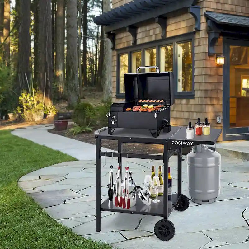 Chariot de cuisine mobile en acier noir avec table d'appoint pliante et crochets de rangement