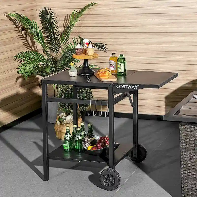 Chariot de cuisine mobile en acier noir avec table d'appoint pliante et crochets de rangement