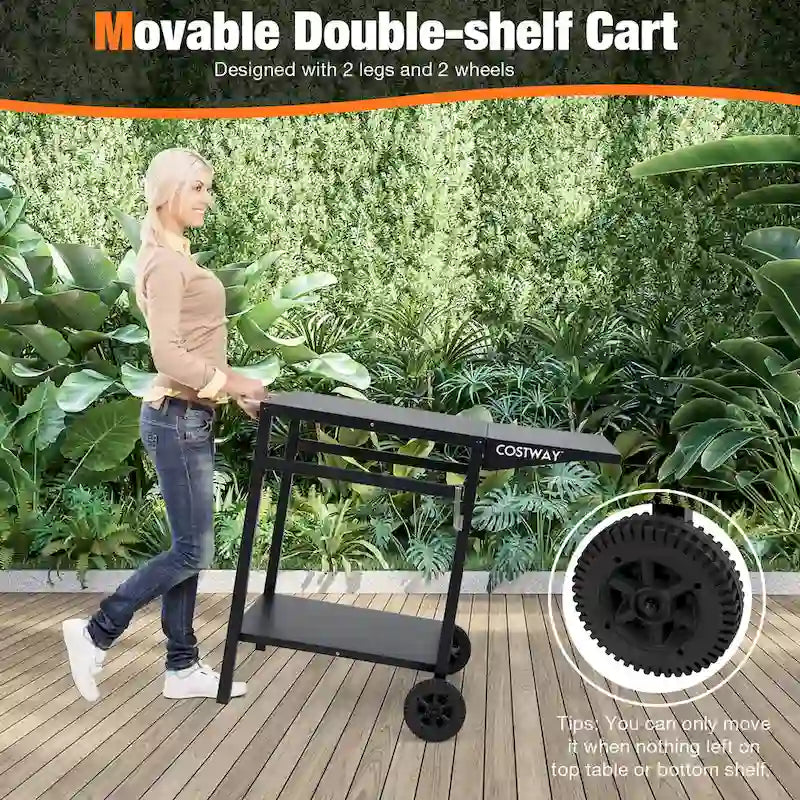 Chariot de cuisine mobile en acier noir avec table d'appoint pliante et crochets de rangement