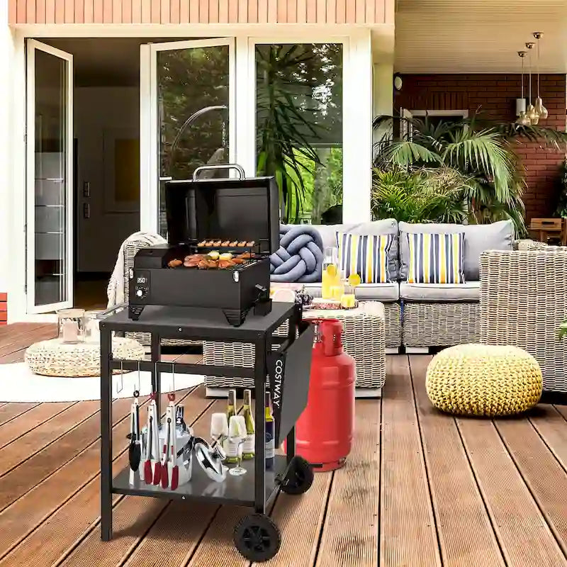 Chariot de cuisine mobile en acier noir avec table d'appoint pliante et crochets de rangement