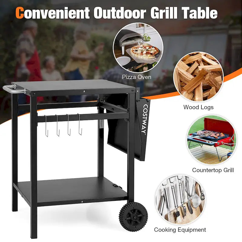 Chariot de cuisine mobile en acier noir avec table d'appoint pliante et crochets de rangement