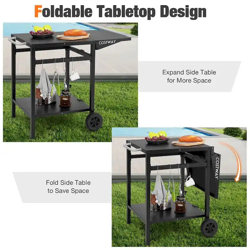 Chariot de cuisine mobile en acier noir avec table d'appoint pliante et crochets de rangement