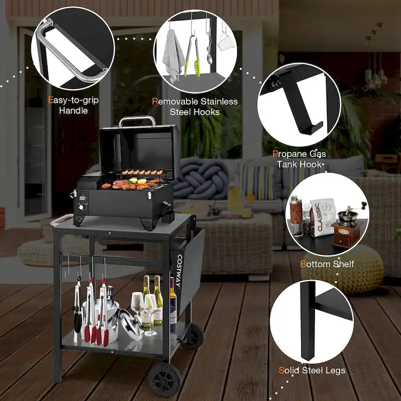 Chariot de cuisine mobile en acier noir avec table d'appoint pliante et crochets de rangement