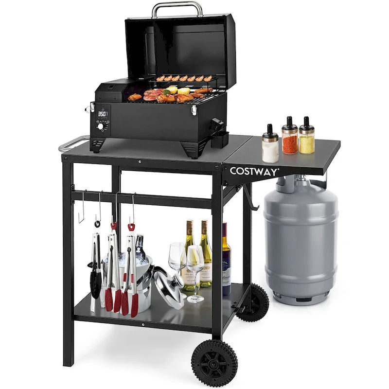 Chariot de cuisine mobile en acier noir avec table d'appoint pliante et crochets de rangement