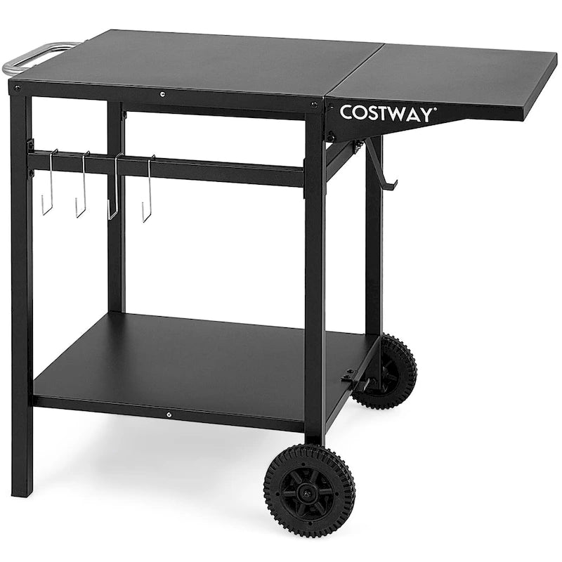 Chariot de cuisine mobile en acier noir avec table d'appoint pliante et crochets de rangement