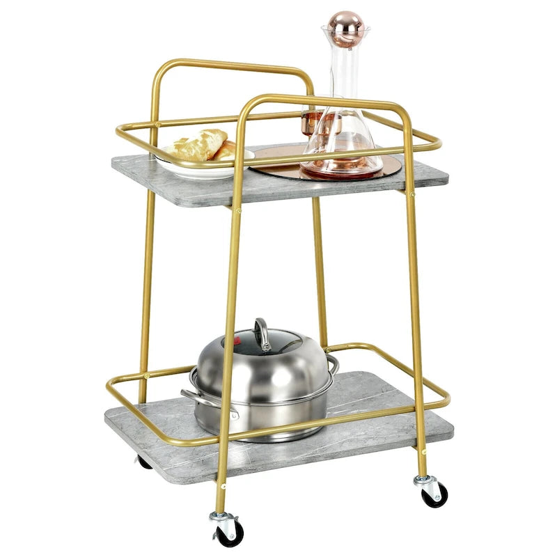 Desservant roulant à 2 niveaux gris et doré avec étagères effet marbre et roues verrouillables