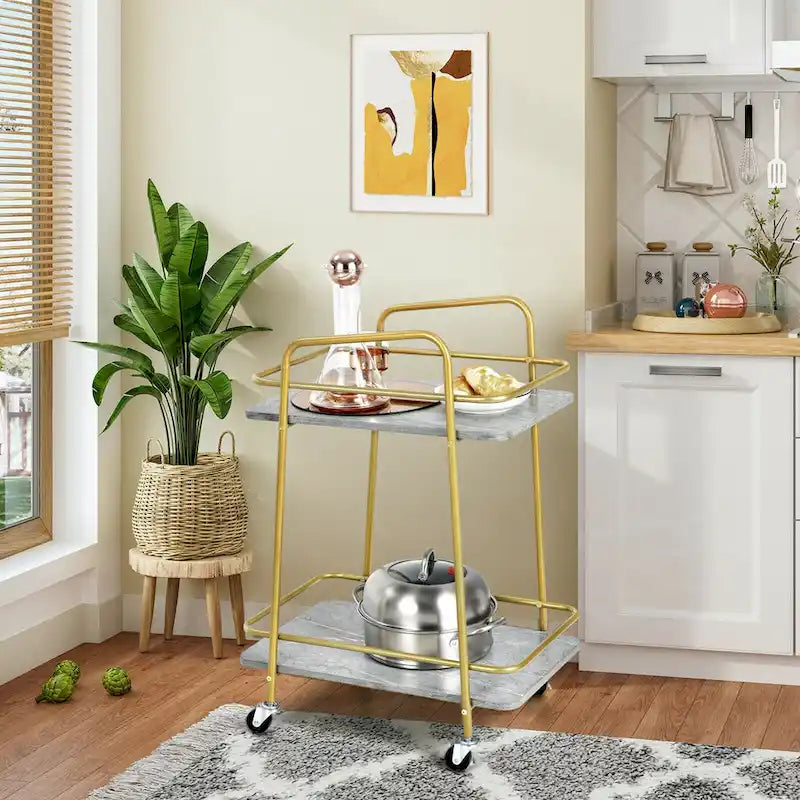 Desservant roulant à 2 niveaux gris et doré avec étagères effet marbre et roues verrouillables
