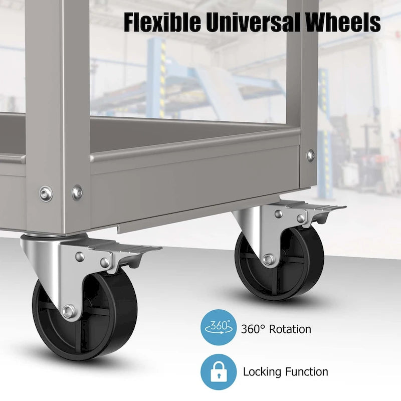 Chariot utilitaire roulant en métal à 3 niveaux avec roues, gris, rangement robuste