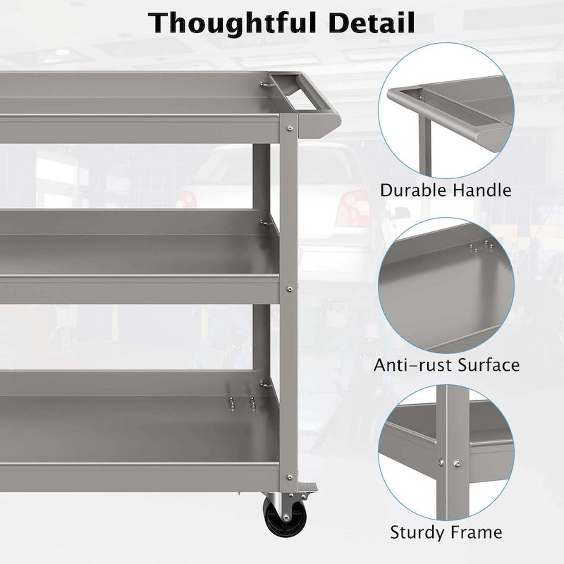 Chariot utilitaire roulant en métal à 3 niveaux avec roues, gris, rangement robuste