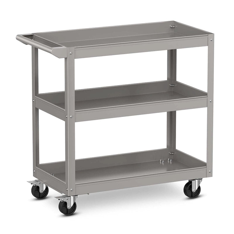 Chariot utilitaire roulant en métal à 3 niveaux avec roues, gris, rangement robuste