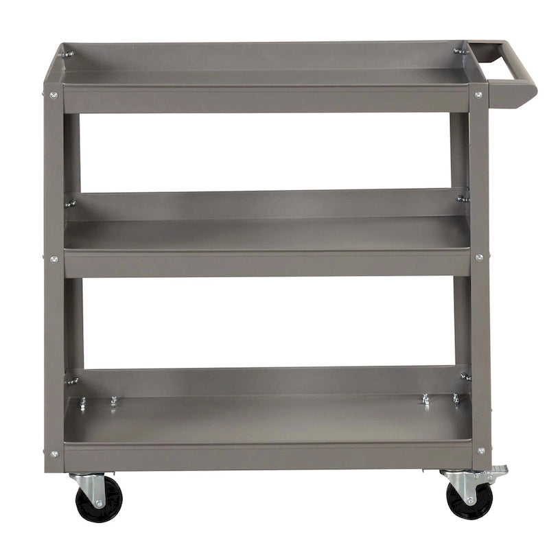 Chariot utilitaire roulant en métal à 3 niveaux avec roues, gris, rangement robuste