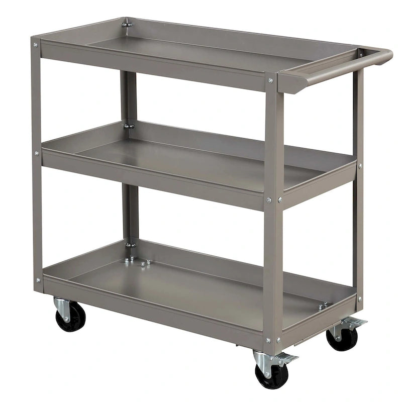 Chariot utilitaire roulant en métal à 3 niveaux avec roues, gris, rangement robuste