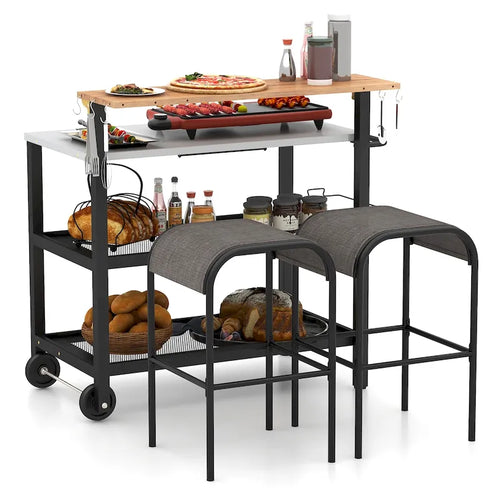 Desserte de bar roulante à 3 niveaux avec table rabattable, crochets de suspension et porte-serviettes en papier, métal noir