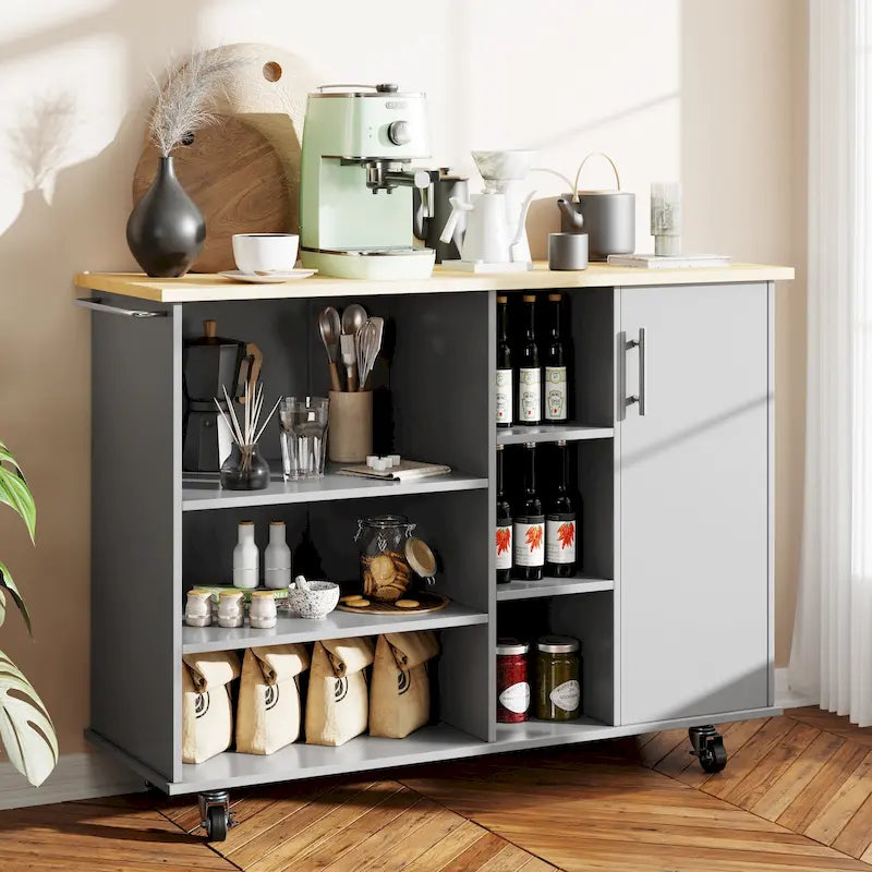 Desserte d'îlot de cuisine avec étagères ouvertes et armoire gris noir blanc