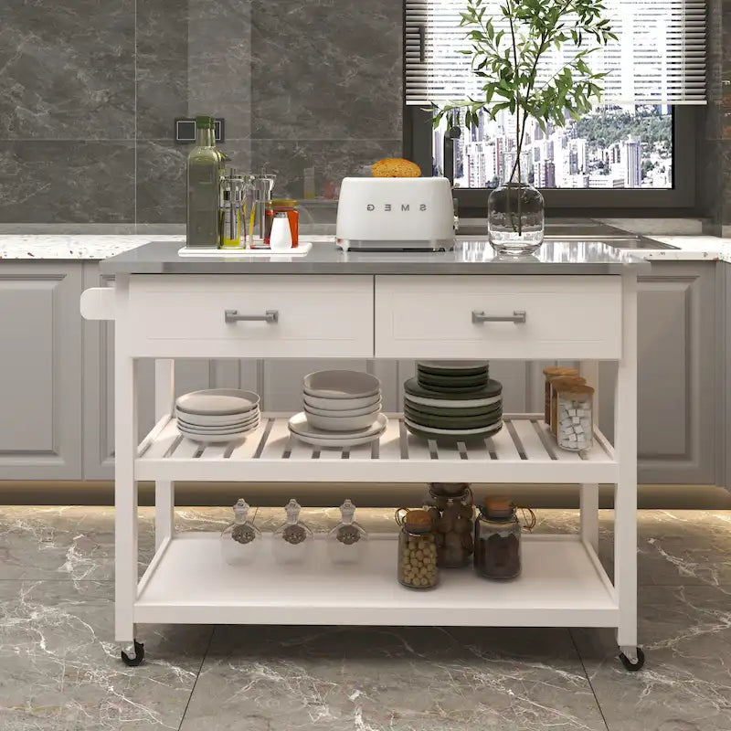 Chariot de cuisine blanc avec plateau en acier inoxydable, deux tiroirs et étagères ouvertes sur roulettes