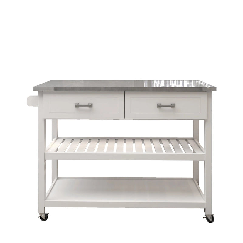 Chariot de cuisine blanc avec plateau en acier inoxydable, deux tiroirs et étagères ouvertes sur roulettes