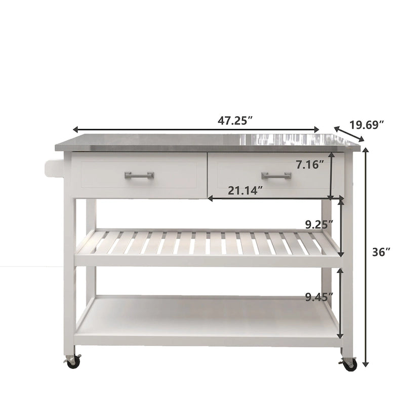 Chariot de cuisine blanc avec plateau en acier inoxydable, deux tiroirs et étagères ouvertes sur roulettes
