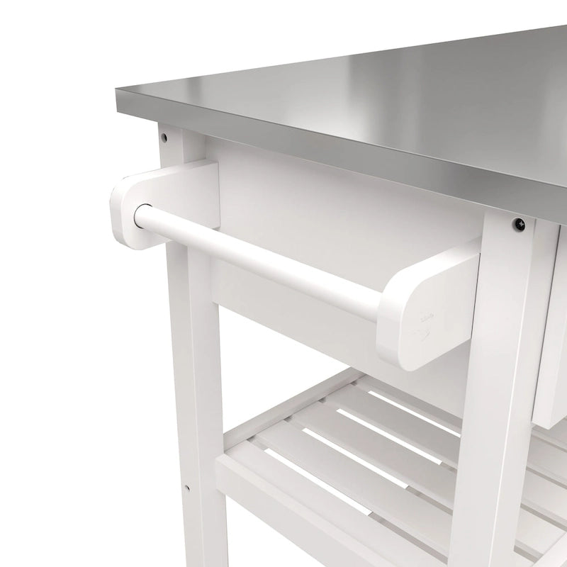 Chariot de cuisine blanc avec plateau en acier inoxydable, deux tiroirs et étagères ouvertes sur roulettes