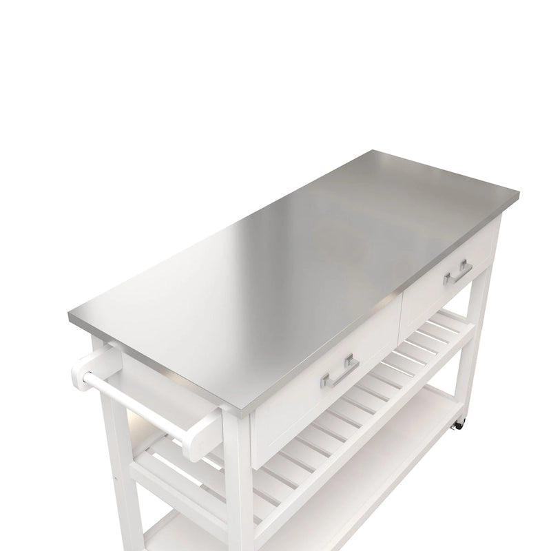 Chariot de cuisine blanc avec plateau en acier inoxydable, deux tiroirs et étagères ouvertes sur roulettes