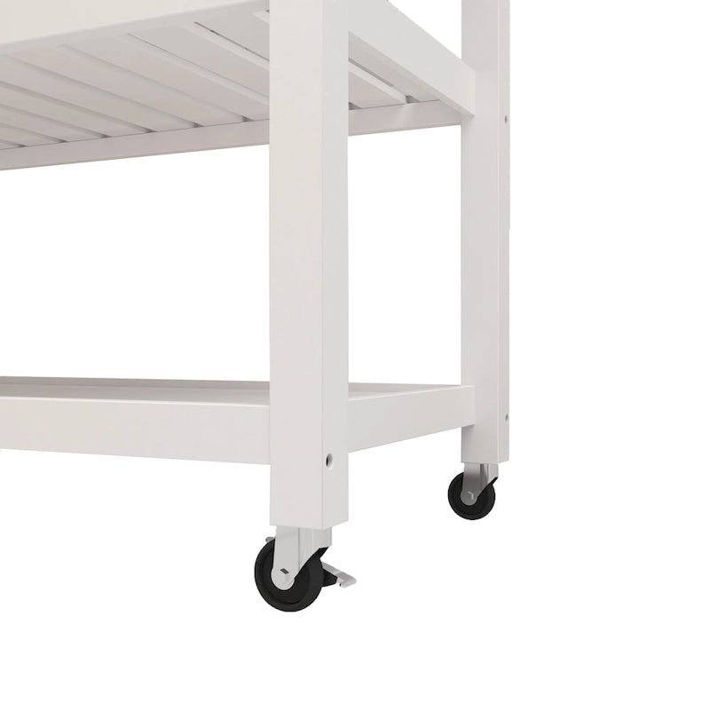 Chariot de cuisine blanc avec plateau en acier inoxydable, deux tiroirs et étagères ouvertes sur roulettes