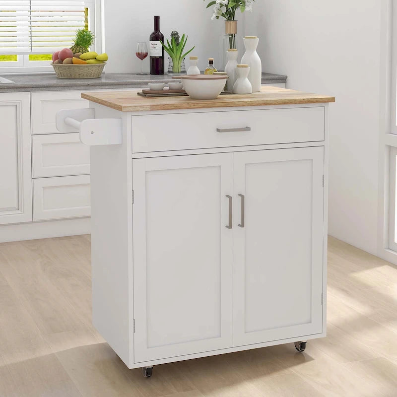 Desserte de cuisine roulante blanche avec plateau en bois d'hévéa et rangement