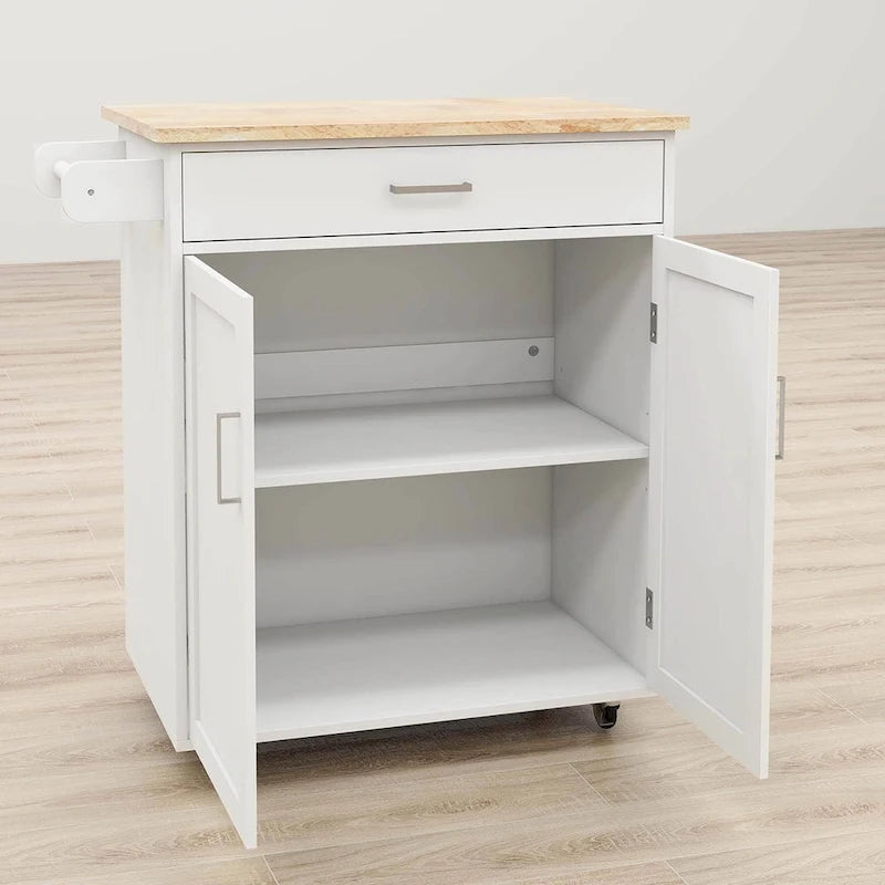 Desserte de cuisine roulante blanche avec plateau en bois d'hévéa et rangement