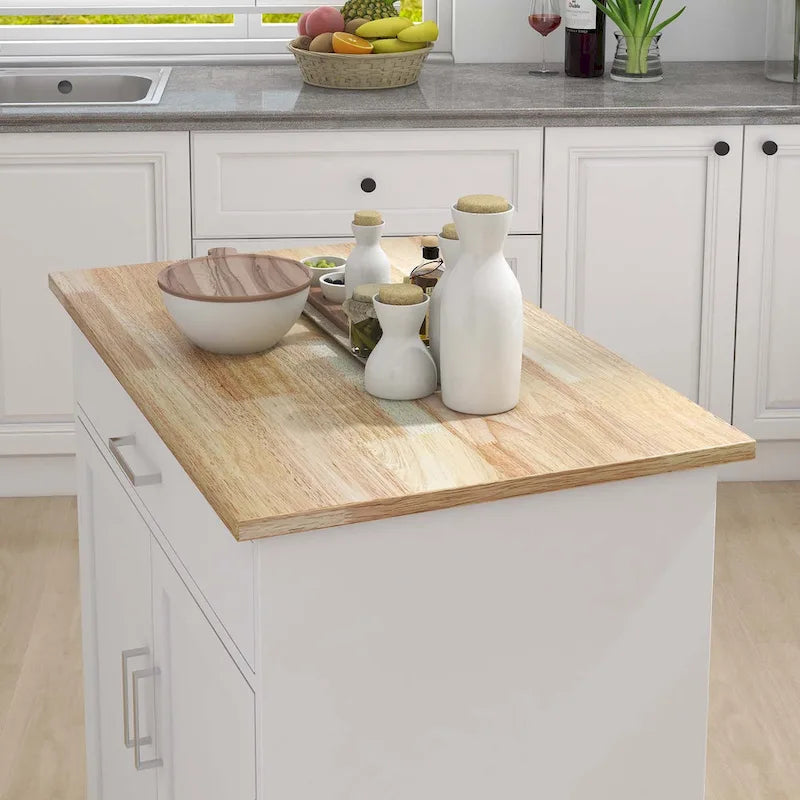Desserte de cuisine roulante blanche avec plateau en bois d'hévéa et rangement