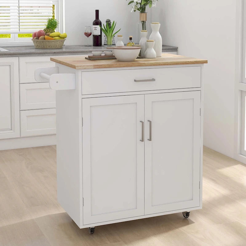 Desserte de cuisine roulante blanche avec plateau en bois d'hévéa et rangement