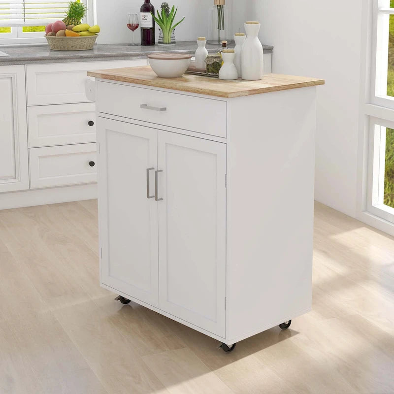Desserte de cuisine roulante blanche avec plateau en bois d'hévéa et roues verrouillables