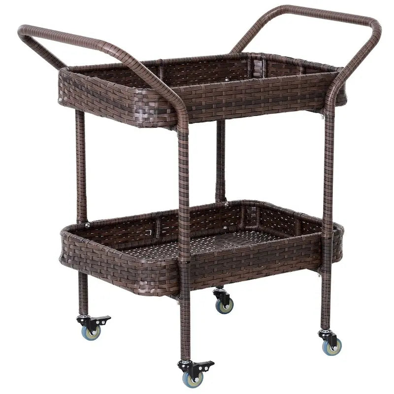 Chariot de service à 2 niveaux en rotin PE marron avec 4 roues pour l'intérieur et l'extérieur