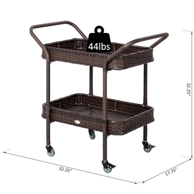 Chariot de service à 2 niveaux en rotin PE marron avec 4 roues pour l'intérieur et l'extérieur