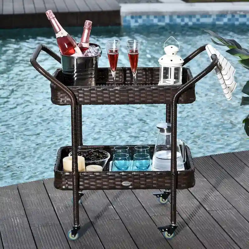 Chariot de service à 2 niveaux en rotin PE marron avec 4 roues pour l'intérieur et l'extérieur