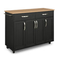 Desserte de cuisine en bois noir avec plateau en bois naturel, 2 tiroirs et armoire à 4 portes sur roulettes verrouillables