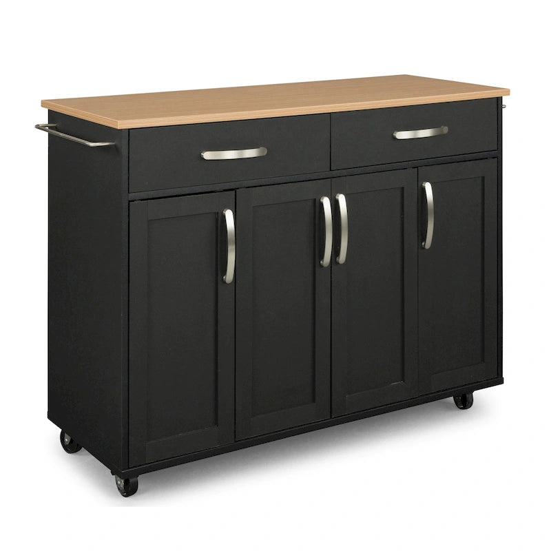 Desserte de cuisine en bois noir avec plateau en bois naturel, 2 tiroirs et armoire à 4 portes sur roulettes verrouillables