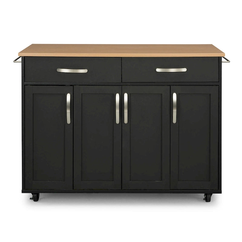 Desserte de cuisine en bois noir avec plateau en bois naturel, 2 tiroirs et armoire à 4 portes sur roulettes verrouillables