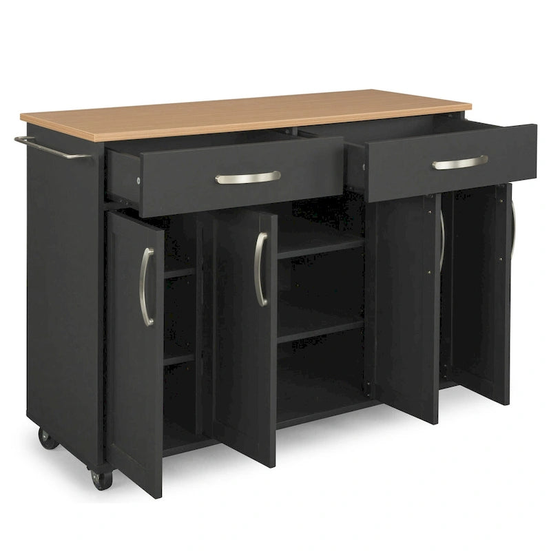 Desserte de cuisine en bois noir avec plateau en bois naturel, 2 tiroirs et armoire à 4 portes sur roulettes verrouillables