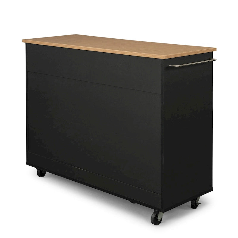 Desserte de cuisine en bois noir avec plateau en bois naturel, 2 tiroirs et armoire à 4 portes sur roulettes verrouillables