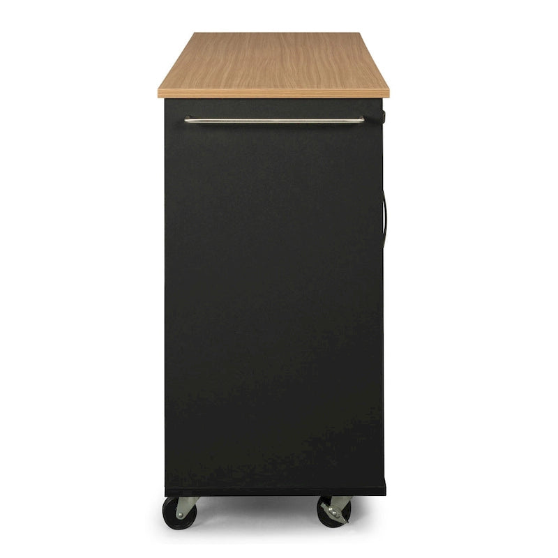Desserte de cuisine en bois noir avec plateau en bois naturel, 2 tiroirs et armoire à 4 portes sur roulettes verrouillables