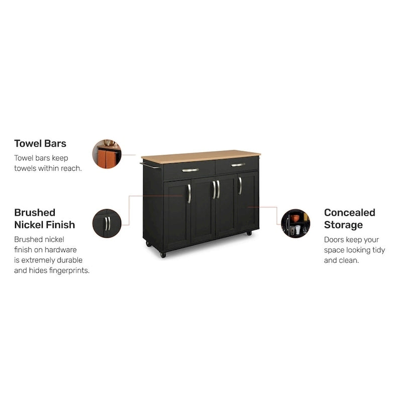 Desserte de cuisine en bois noir avec plateau en bois naturel, 2 tiroirs et armoire à 4 portes sur roulettes verrouillables