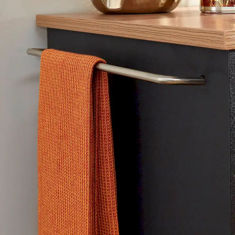 Desserte de cuisine en bois noir avec plateau en bois naturel, 2 tiroirs et armoire à 4 portes sur roulettes verrouillables