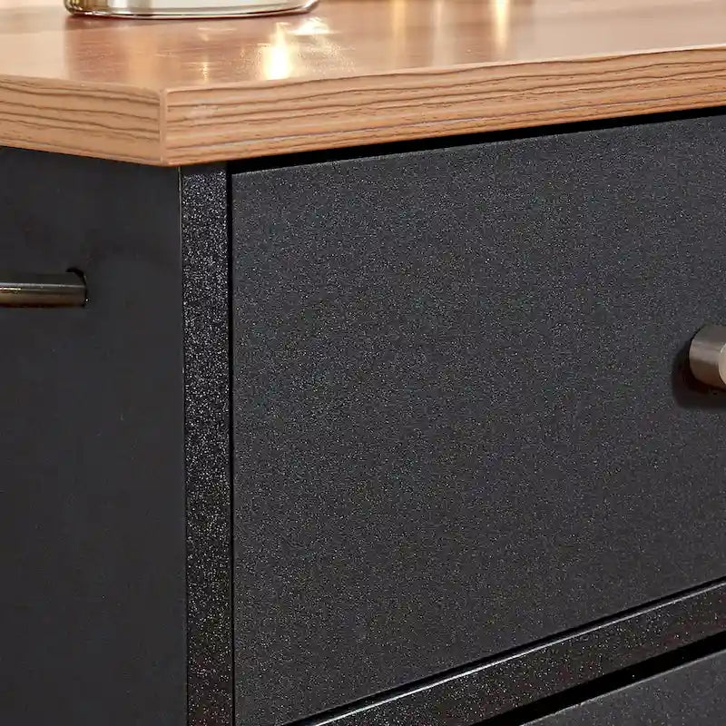 Desserte de cuisine en bois noir avec plateau en bois naturel, 2 tiroirs et armoire à 4 portes sur roulettes verrouillables