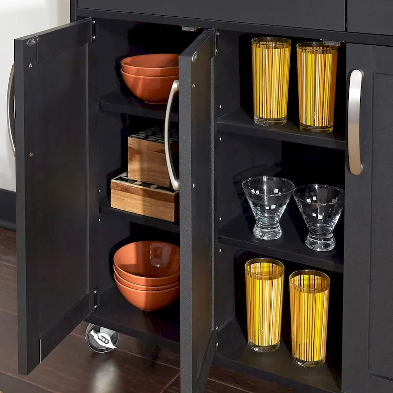 Desserte de cuisine en bois noir avec plateau en bois naturel, 2 tiroirs et armoire à 4 portes sur roulettes verrouillables