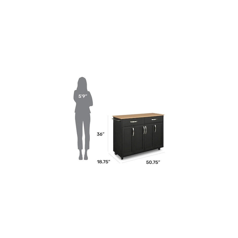 Desserte de cuisine en bois noir avec plateau en bois naturel, 2 tiroirs et armoire à 4 portes sur roulettes verrouillables