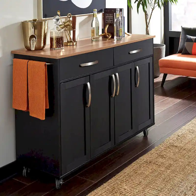 Desserte de cuisine en bois noir avec plateau en bois naturel, 2 tiroirs et armoire à 4 portes sur roulettes verrouillables
