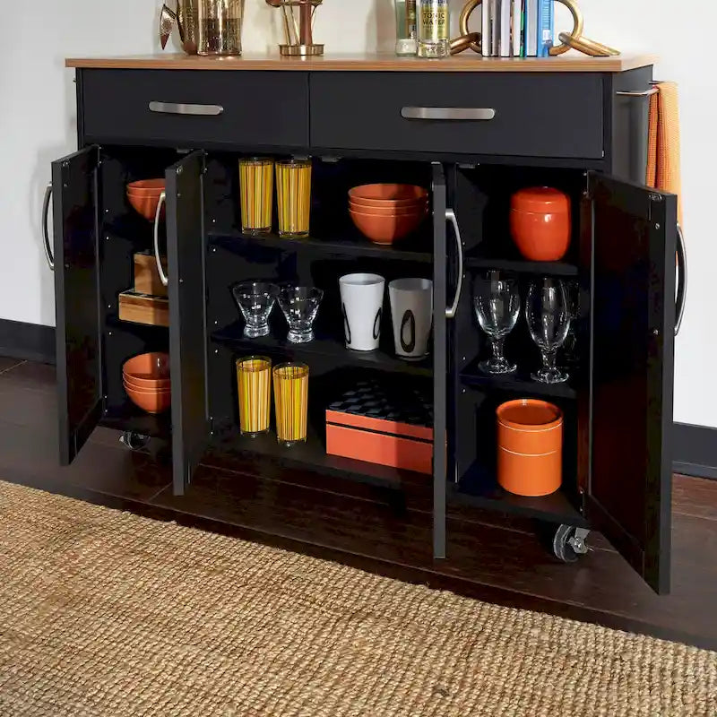 Desserte de cuisine en bois noir avec plateau en bois naturel, 2 tiroirs et armoire à 4 portes sur roulettes verrouillables