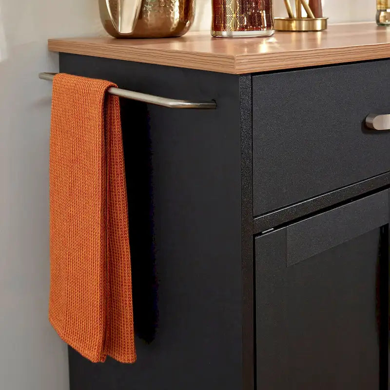 Desserte de cuisine en bois noir avec plateau en bois naturel, 2 tiroirs et armoire à 4 portes sur roulettes verrouillables