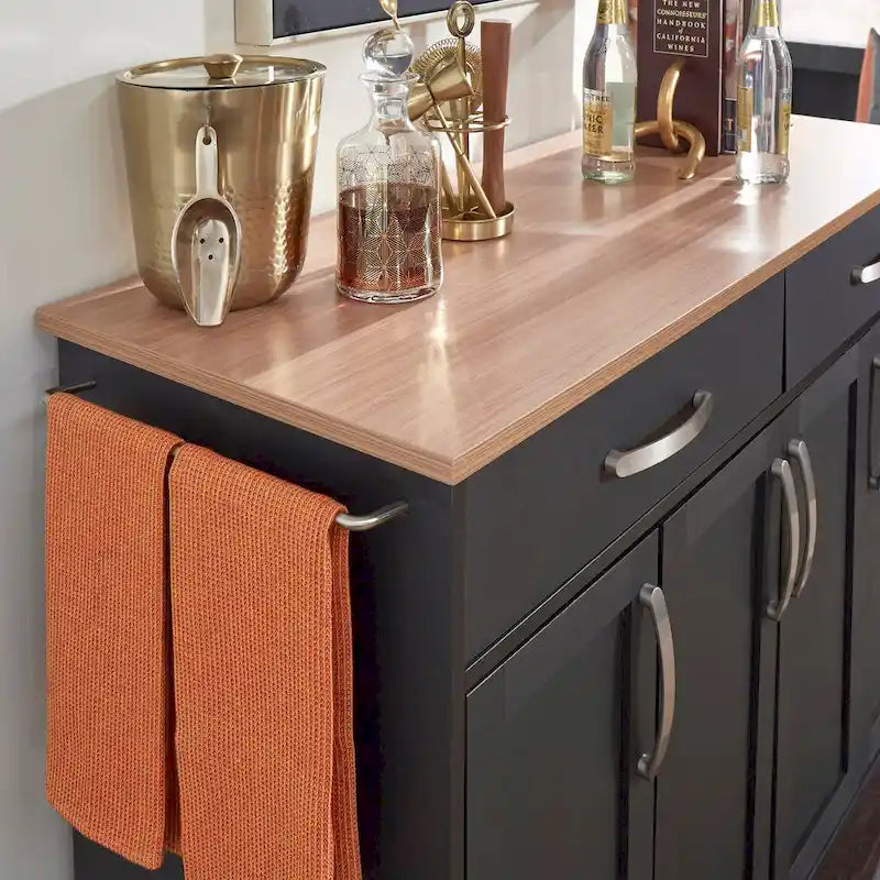 Desserte de cuisine en bois noir avec plateau en bois naturel, 2 tiroirs et armoire à 4 portes sur roulettes verrouillables